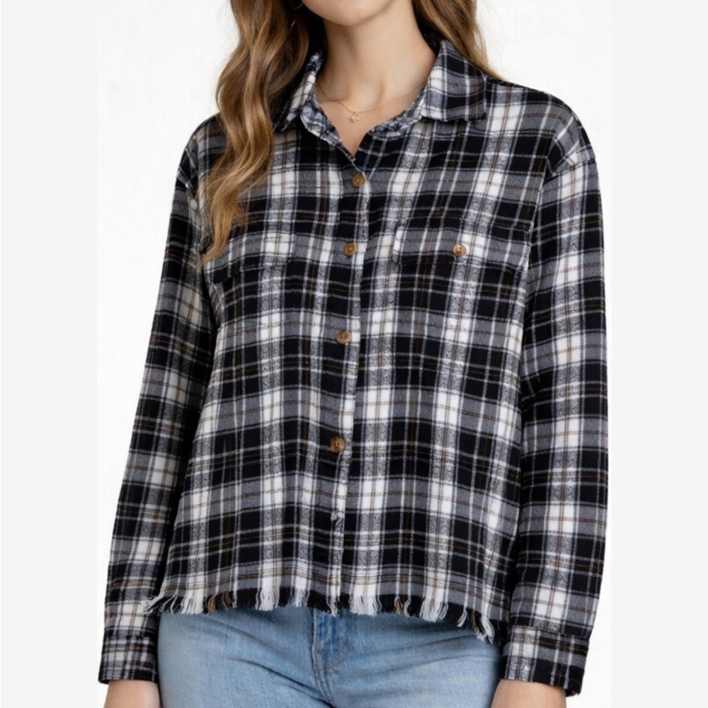 Lucky Brand Plaid Frayed Hem Semi-Cropped Flannel Shacket
